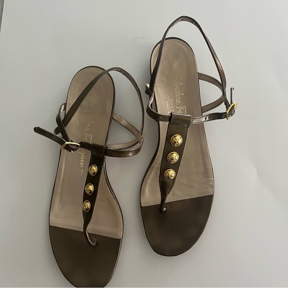 Salvatore Ferragamo Sandals with Gold Buttons Dark Bronze Designer Sandal Size 7